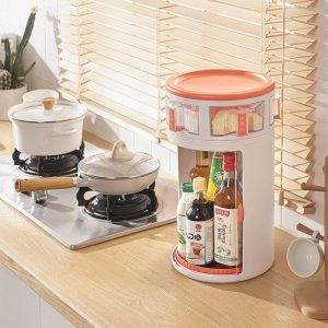 Kệ đựng gia vị xoay góc nhựa PP tiết kiệm không gian cho nhà bếp Kệ gia vị đặt trên bàn bếp cạnh bếp ga, thiết kế nhỏ gọn, tiện lợi.