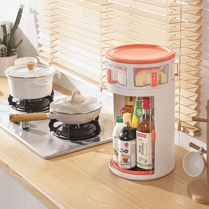 Kệ đựng gia vị xoay góc nhựa PP tiết kiệm không gian cho nhà bếp Kệ gia vị đặt trên bàn bếp cạnh bếp ga, thiết kế nhỏ gọn, tiện lợi.
