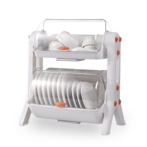 Kệ úp chén bát 2 tầng nhựa PP có nắp đậy chống bụi tiện lợi cho bếp Kệ úp chén bát 2 tầng màu trắng, nhìn rõ cấu trúc và tay cầm màu cam.