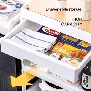 Ngăn kéo dạng trượt chứa thực phẩm khô, khăn, đồ dùng nhỏ.