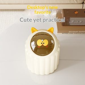 Thùng rác mini để bàn nhựa PP 4L nắp bật hình mèo tiện lợi cho gia đình Nhìn từ trên xuống, thùng rác mini với tai mèo vàng nổi bật.