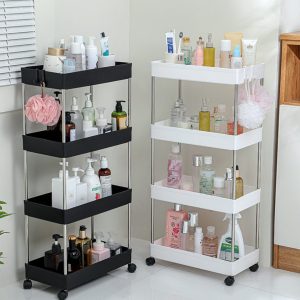 Kệ nhựa 4 tầng thép không gỉ đa năng có bánh xe đựng đồ phòng tắm nhà bếp Hai kệ 4 tầng màu đen và trắng đặt cạnh nhau, đựng đồ phòng tắm.