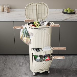 Thùng rác phân loại rác khô, ướt, tái chế, có nhãn từng ngăn.