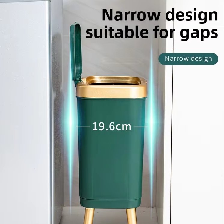 Thùng rác nhựa PP cao chân 12L nắp nhấn giữ vệ sinh cho gia đình Thùng rác thiết kế hẹp, dễ đặt vào các khe nhỏ, rộng 19.6cm.
