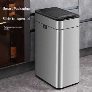 Thùng rác tự động đóng gói, nắp trượt mở tiện lợi, thiết kế sang trọng.
