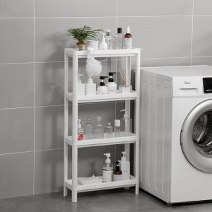 Kệ nhựa PP 4 tầng đa năng trắng có bánh xe cho nhà tắm, bếp, phòng giặt Kệ nhựa trắng đặt cạnh máy giặt, đựng mỹ phẩm và đồ dùng nhà tắm.