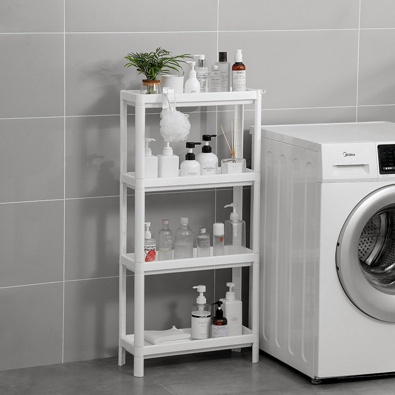 Kệ nhựa PP 4 tầng đa năng trắng có bánh xe cho nhà tắm, bếp, phòng giặt Kệ nhựa trắng đặt cạnh máy giặt, đựng mỹ phẩm và đồ dùng nhà tắm.