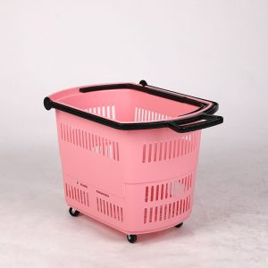 Giỏ kéo nhựa cao cấp có bánh xe và tay kéo tiện lợi đi chợ, siêu thị Giỏ kéo nhựa màu hồng nhạt, không có tay kéo kéo dài