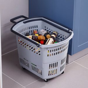 Giỏ kéo đi chợ nhựa PP có bánh xe tay kéo đa năng cho gia đình Giỏ kéo nhựa màu xám để trong bếp, đựng nhiều chai lọ.