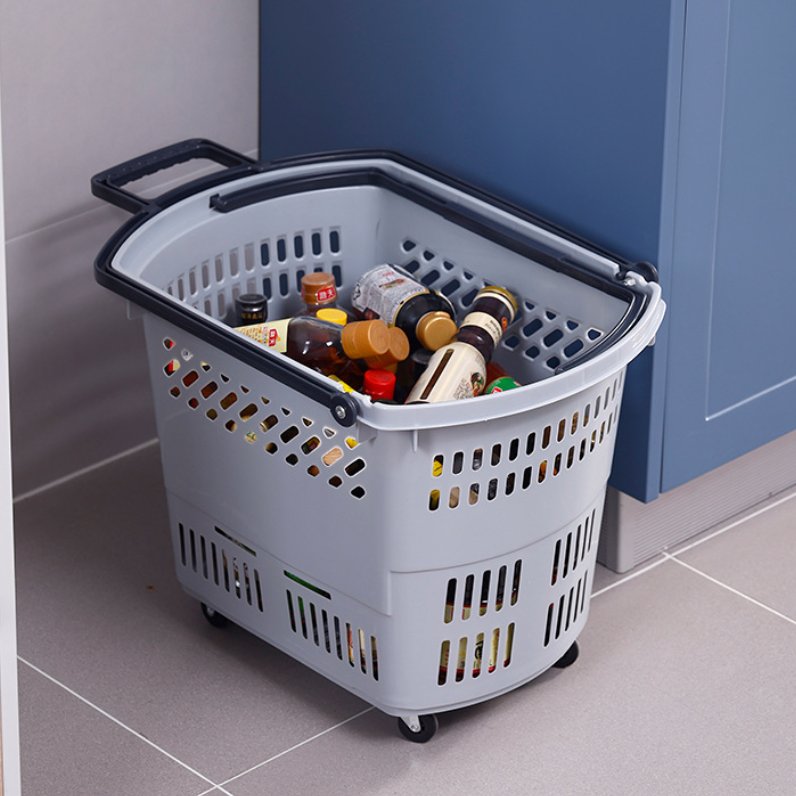 Giỏ kéo đi chợ nhựa PP có bánh xe tay kéo đa năng cho gia đình Giỏ kéo nhựa màu xám để trong bếp, đựng nhiều chai lọ.