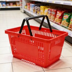 Giỏ nhựa đỏ hai tay cầm đặt cạnh kệ hàng hóa