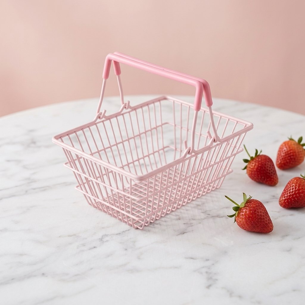 Giỏ xách nhựa PP đa năng có quai, đựng đồ siêu thị, picnic, lưu trữ Giỏ nhựa nhỏ màu hồng đặt trên bàn cùng vài quả dâu tây