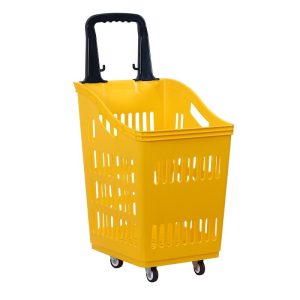 Giỏ kéo siêu thị màu vàng nổi bật với tay kéo đen và bốn bánh xe.