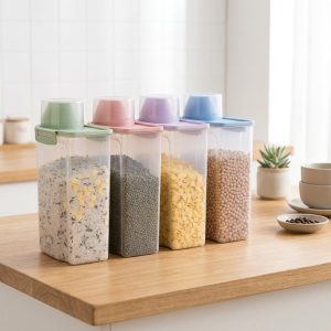 Các hộp đựng thực phẩm được đặt trên bàn bếp, ánh sáng tự nhiên.