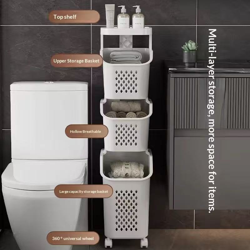 Giỏ đựng đồ đa tầng nhựa PP có bánh xe tiện lợi cho phòng tắm, phòng ngủ Kệ giỏ nhựa 4 tầng đặt cạnh bồn cầu, chứa khăn tắm, chai lọ, tiết kiệm diện tích.