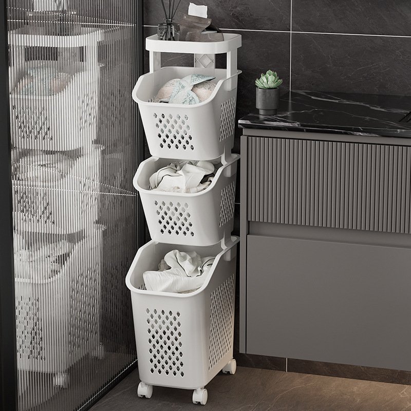 Giỏ đựng đồ giặt nhựa PP đa tầng có bánh xe tiết kiệm không gian Giỏ đựng đồ 3 tầng nhìn nghiêng, đặt sát tường phòng tắm