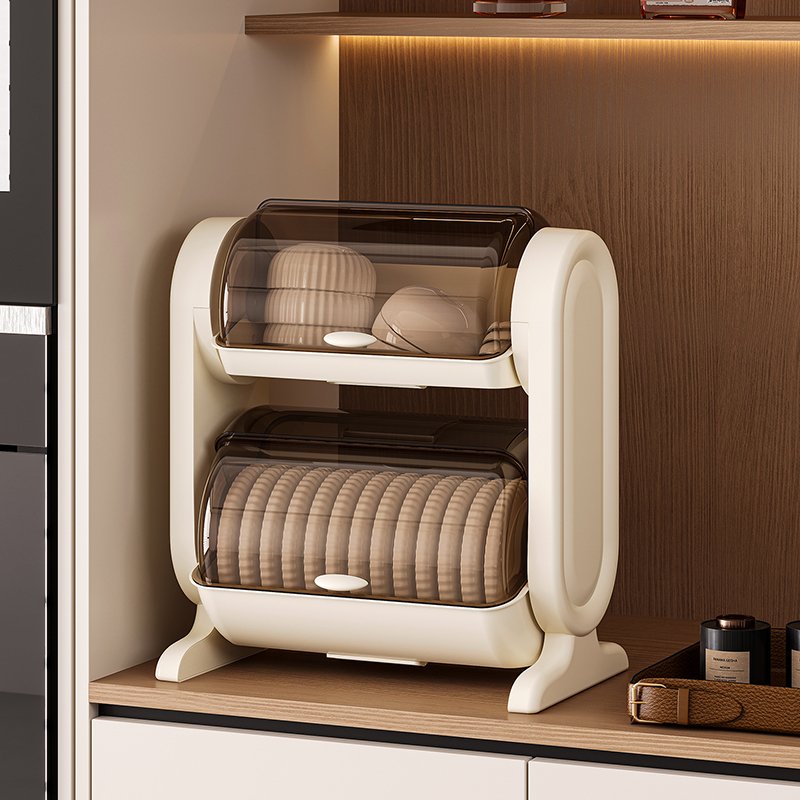 Kệ úp bát đĩa 2 tầng nhựa PP có cửa che chống bụi, khay hứng nước tiện lợi Kệ úp bát đĩa đặt trên kệ bếp, chứa nhiều đĩa bên dưới và bát phía trên.