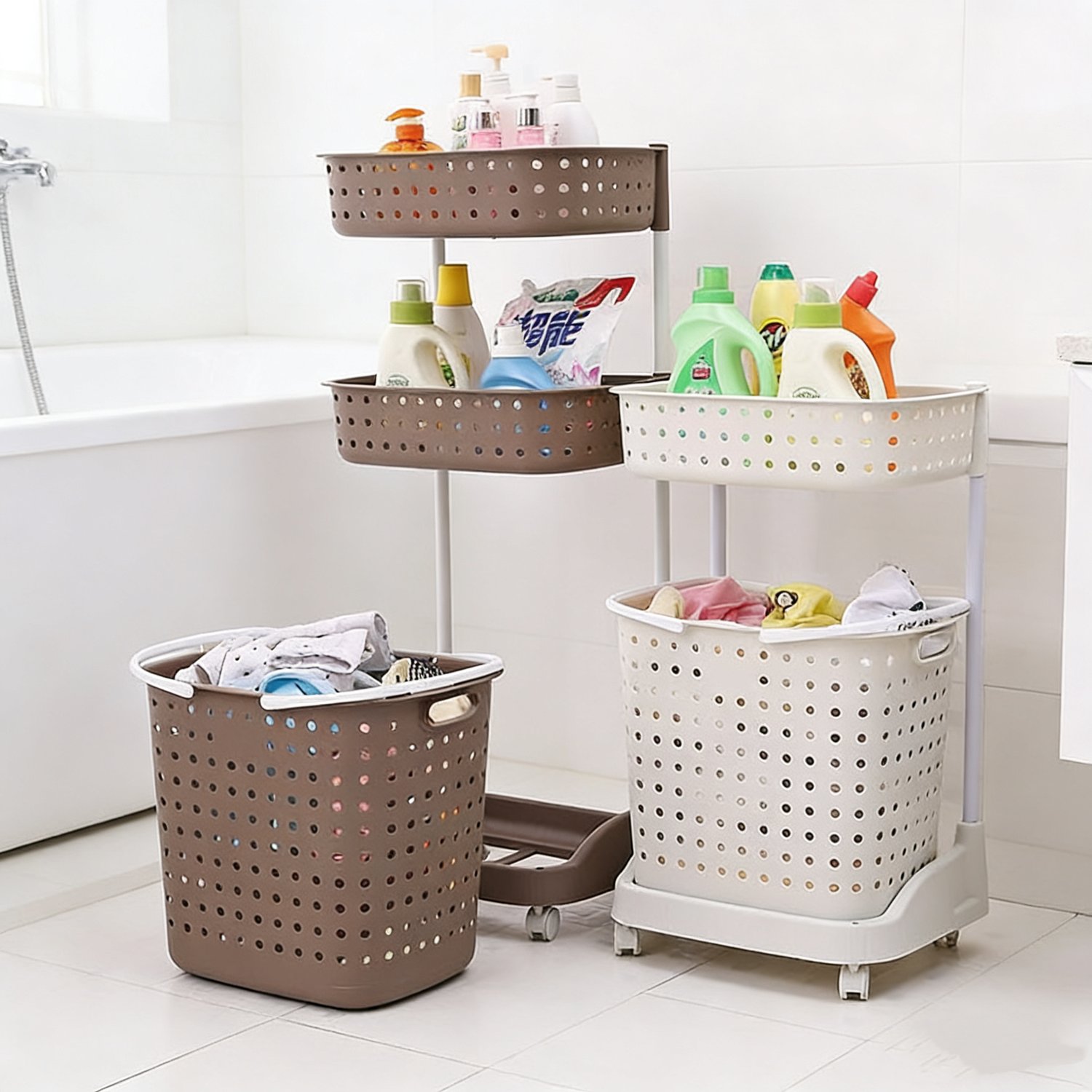 Giỏ đựng đồ giặt nhựa PP đa tầng bánh xe nắp chống bụi tiện lợi Hai bộ giỏ đựng đồ giặt 2 và 3 tầng dùng để đựng quần áo, hóa mỹ phẩm trong phòng tắm.