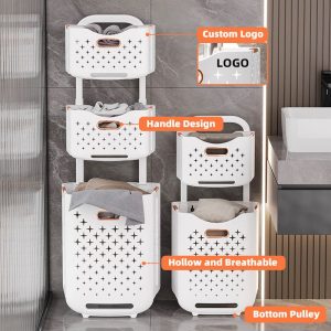Giỏ đựng quần áo bẩn nhựa PP hai tầng có bánh xe gấp gọn tiện lợi