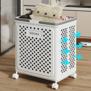 Giỏ đựng đồ giặt màu trắng với các mũi tên xanh thể hiện khả năng thoáng khí.