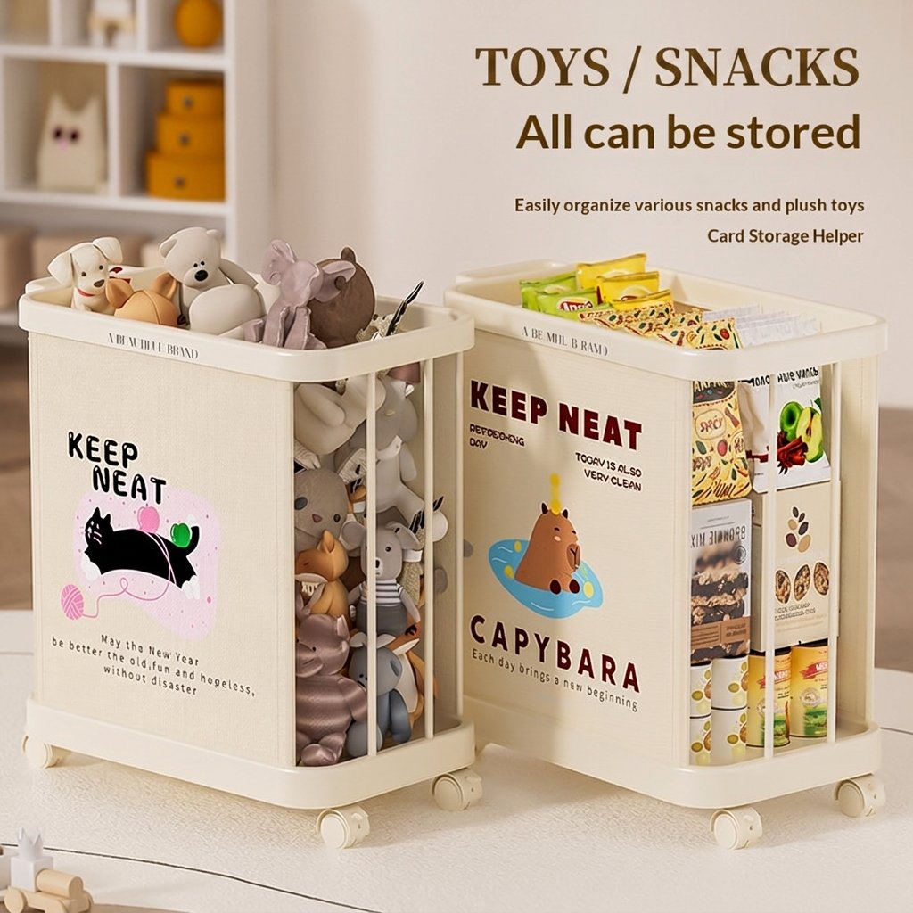 Giỏ nhựa đa năng PP có bánh xe đựng đồ chơi, snack, quần áo, thể thao Giỏ nhựa chứa đầy thú bông và snack, phù hợp cho phòng trẻ em.
