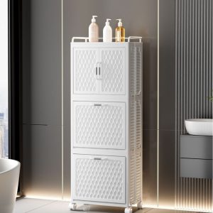 Kệ nhựa PP+PS 3 tầng đựng quần áo bẩn đa năng cho phòng tắm, phòng giặt Kệ đựng đồ 3 tầng toàn màu trắng, đặt sát tường phòng tắm