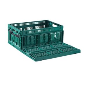 Thùng nhựa xanh lá dạng lưới, một mặt được mở ra hoàn toàn
