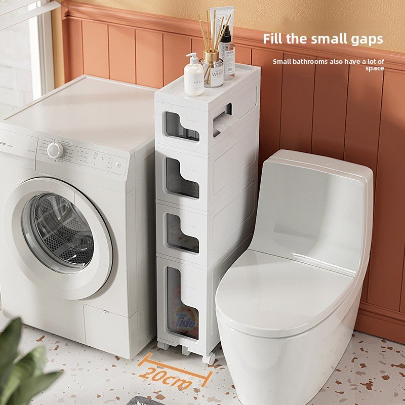 Tủ nhựa khe hẹp đa năng đựng đồ phòng tắm có bánh xe chống nước Tủ nhựa đặt giữa máy giặt và bồn cầu, chiều rộng chỉ 20cm phù hợp không gian nhỏ.