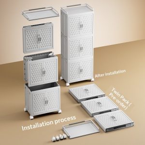 Quy trình lắp ráp tủ nhựa gấp gọn, các bộ phận rời dễ dàng lắp đặt.