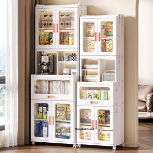 Tủ nhựa nhiều tầng, kết hợp đựng đồ ăn, máy pha cà phê và vật dụng cá nhân.