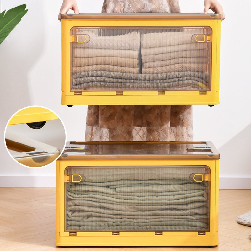 Hộp nhựa PP gấp gọn 30L đa năng lưu trữ đồ dùng gia đình Hộp nhựa vàng đựng chăn màn, có cửa mở phía trước tiện lợi.