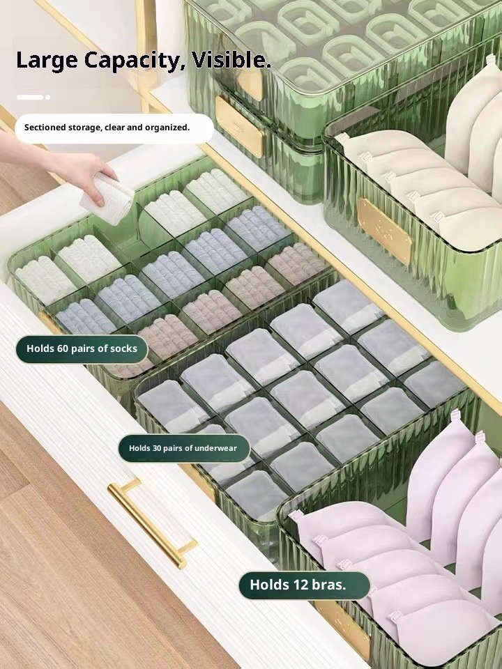 Hộp nhựa trong suốt đựng đồ lót đa năng tiết kiệm không gian tủ quần áo Các hộp đựng được sắp xếp trong ngăn kéo, phân loại tất, quần lót và áo ngực.