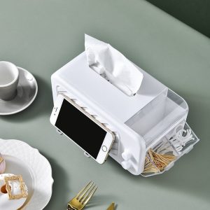 Nhìn từ trên xuống, hộp đựng khăn giấy với nhiều ngăn chứa nhỏ tiện lợi.