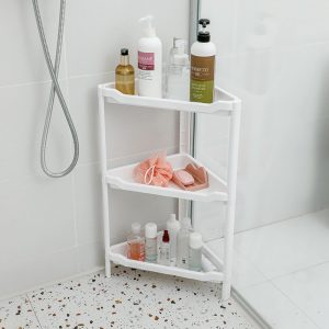 Kệ góc nhựa trắng để đồ dùng tắm trong phòng tắm đứng