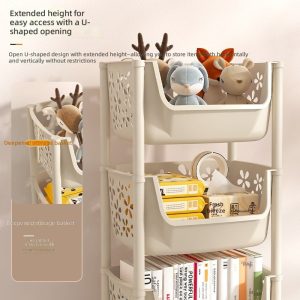 Kệ nhựa đa năng nhiều tầng có bánh xe đựng đồ ăn vặt, đồ chơi, sách vở Cận cảnh kệ nhựa với rổ sâu lòng, đựng đồ chơi và sách dễ dàng lấy ra.