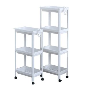 Hai kệ nhựa trắng 4 tầng, có bánh xe và móc treo tiện lợi.