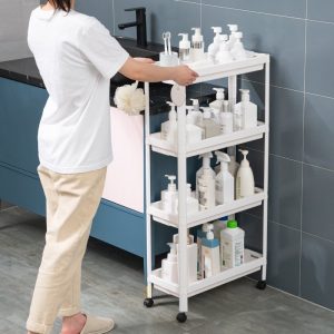Kệ nhựa đa năng 3 tầng gấp gọn có bánh xe lưu trữ phòng tắm nhà bếp Người dùng thao tác với kệ nhựa 4 tầng đựng chai lọ trong phòng tắm.