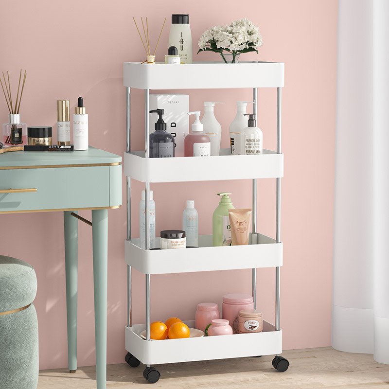 Kệ nhựa đa năng 4 tầng dạng xe đẩy cho khe hẹp nhà bếp phòng tắm Kệ nhựa trắng bốn tầng đặt cạnh bàn trang điểm, chứa mỹ phẩm và hoa trang trí.