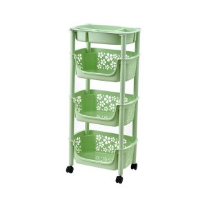 Kệ nhựa đa năng nhiều tầng di động đựng đồ gia dụng nhập khẩu Kệ nhựa 4 tầng màu xanh lá, thiết kế đơn giản, có bánh xe.