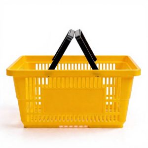 Giỏ xách nhựa PP 22L đi chợ siêu thị tiện lợi, bền đẹp, thân thiện môi trường Giỏ nhựa màu vàng tay cầm đen, chụp chính diện.