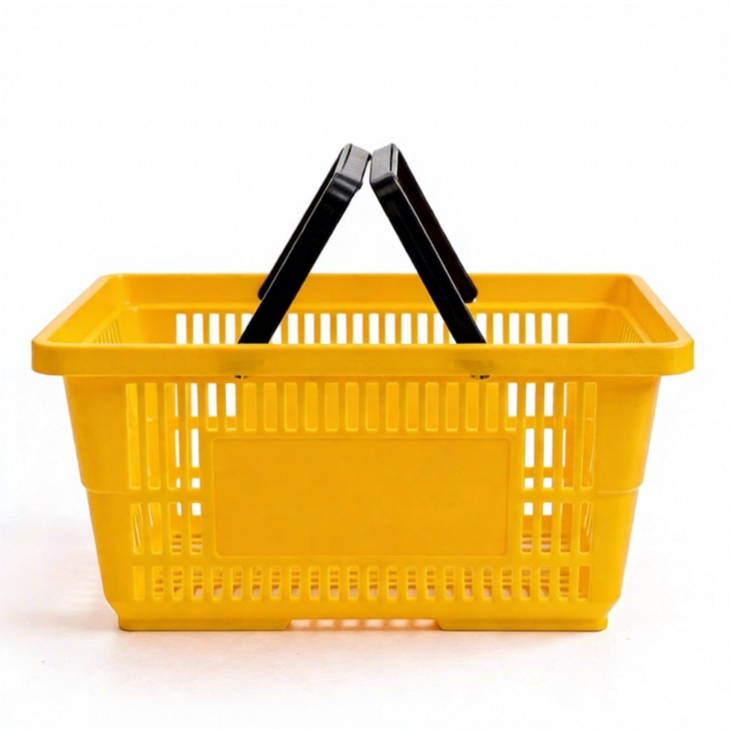 Giỏ xách nhựa PP 22L đi chợ siêu thị tiện lợi, bền đẹp, thân thiện môi trường Giỏ nhựa màu vàng tay cầm đen, chụp chính diện.
