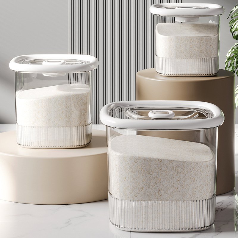 Thùng đựng gạo nhựa PP dung tích lớn chống ẩm mốc, côn trùng cho gia đình Ba hộp đựng gạo nhựa PP với các kích thước khác nhau, thiết kế hiện đại.
