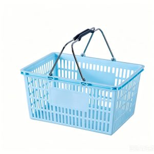 Giỏ nhựa màu xanh dương nhạt, tay cầm kim loại, không có đồ bên trong