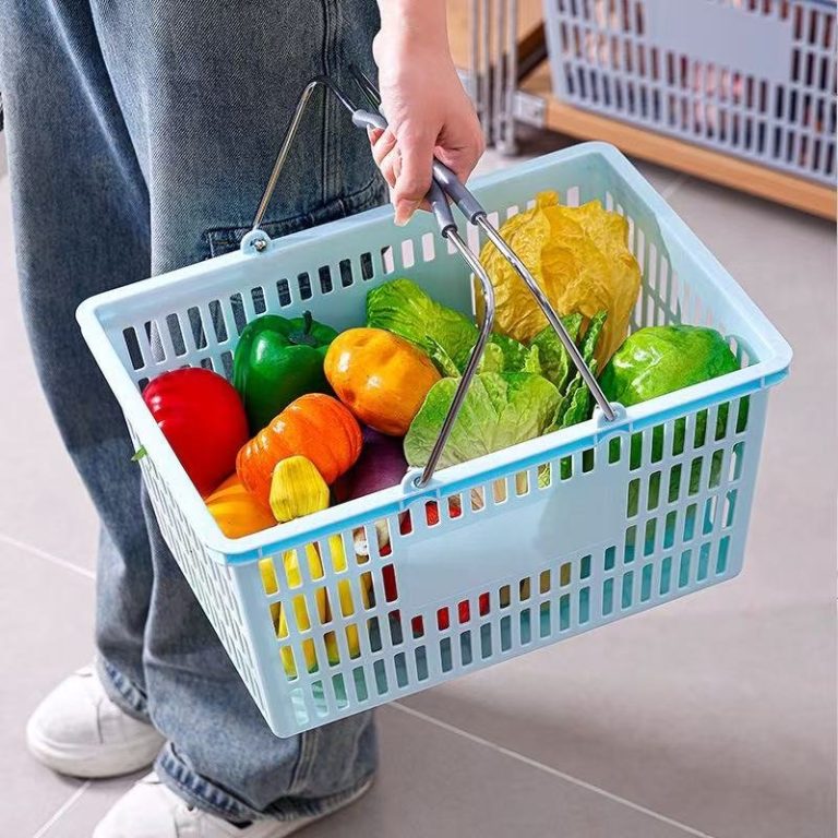 Trang chủ - gia công ép nhựa theo yêu cầu Giỏ xách siêu thị nhựa PP quai kim loại tiện lợi đựng thực phẩm