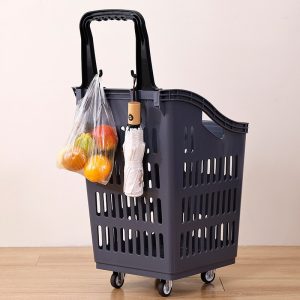 Giỏ kéo siêu thị nhựa PP cỡ lớn có bánh xe kéo tay tiện lợi Giỏ kéo siêu thị màu xám đậm, treo túi hoa quả và ô trên tay cầm.