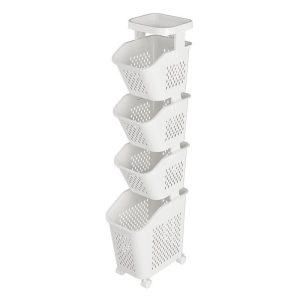 Giỏ đựng đồ 4 tầng màu trắng, có bánh xe, chụp trên nền trắng, chưa chứa đồ.