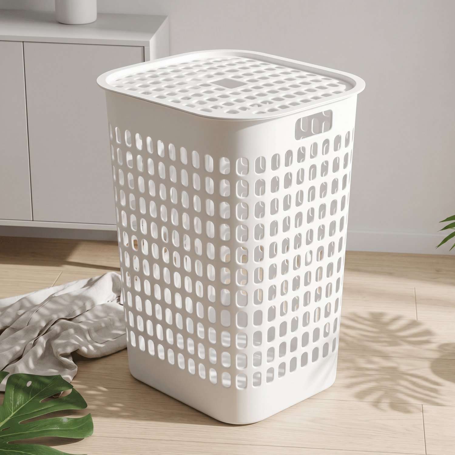 Giỏ đựng quần áo nhựa PP có nắp thoáng khí tiện dụng cho gia đình Giỏ đựng quần áo màu trắng nổi bật đặt cạnh lá cây và ánh sáng tự nhiên.
