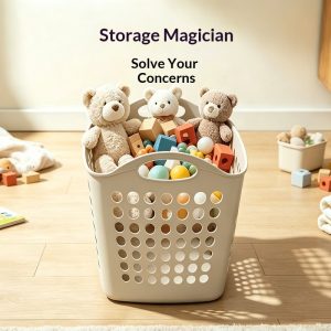 Giỏ nhựa đựng đầy thú bông và đồ chơi trẻ em, không gian phòng ấm áp.