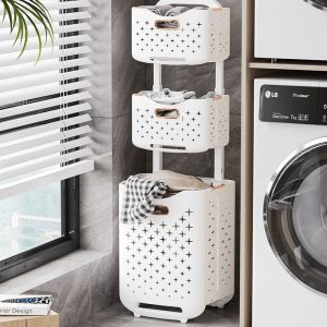 Giỏ đựng quần áo bẩn hai/tầng cạnh máy giặt, chứa quần áo và khăn.