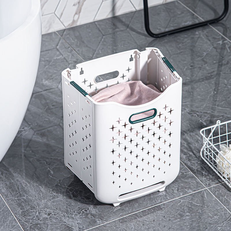 Giỏ đựng quần áo hai tầng nhựa PP có bánh xe gấp gọn tiện lợi Giỏ đựng quần áo đặt trong phòng tắm, chứa khăn tắm bên trong.